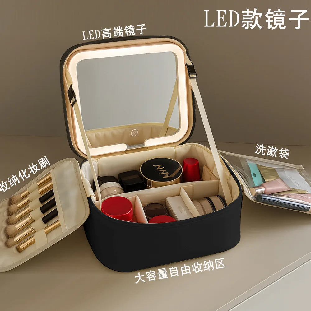 Nuevo neceser de maquillaje LED de alta gama 2026, bolsa de aseo portátil de gran capacidad para viajes, con espejo y caja de luz.