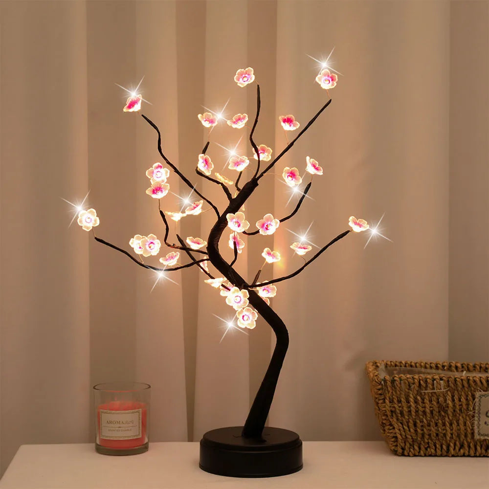 Lámpara de mesa con forma de árbol, alimentada por USB/pilas, con interruptor táctil, bonsái artificial de cerezo en flor, lámpara de escritorio LED decorativa.