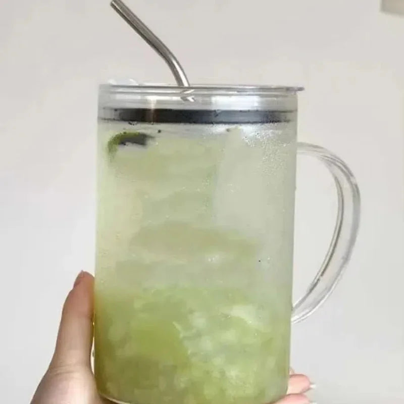 Vaso de vidrio de 1000 ml con tapa y pajita. Taza de café de vidrio transparente. Tazas para jugo, moca, leche y jugo.