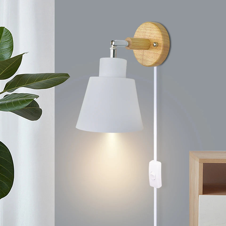 Aplique de pared nórdico para interiores, bricolaje, E27, madera, 6 colores, enchufe EU/UL, 350°, lámparas de pared para sala de estar, dormitorio, pasillo, apliques.