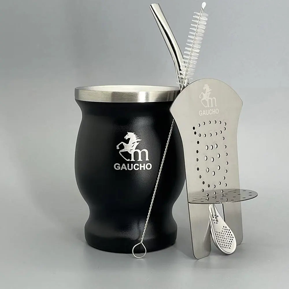 1 juego/lote de kits de viaje de yerba mate Gaucho que incluyen termo de acero inoxidable, taza de calabaza, bombilla, pajita, lata de té y separador de filtro.
