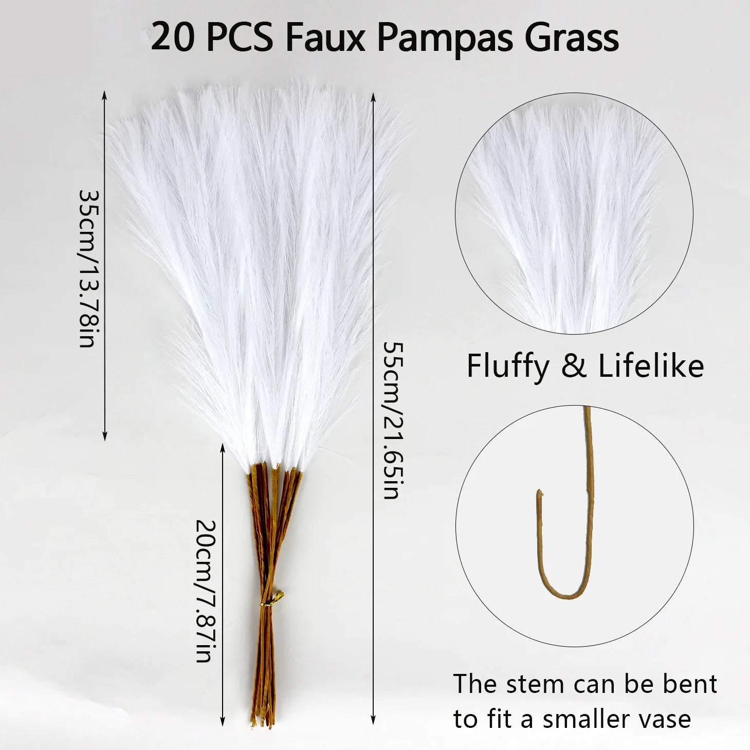 20 piezas de hierba de la Pampa artificial, 21,6" de hierba pomponesa artificial corta, ramas de hierba pomponesa artificial para arreglos florales y jarrones.