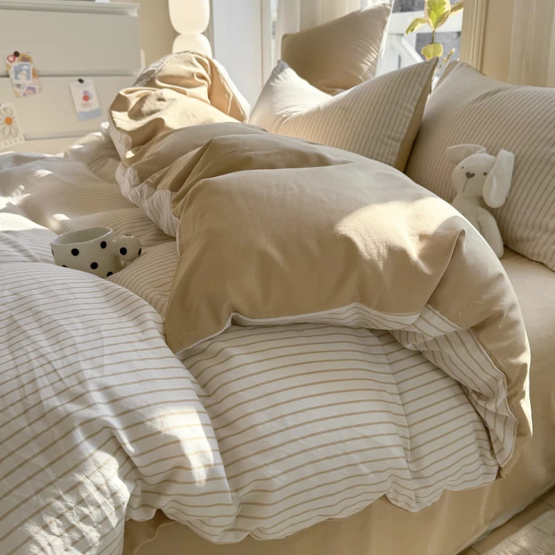 Juego de funda nórdica de algodón lavado, juego de edredón estilo nórdico minimalista, juego de cama gris a rayas, juego de ropa de cama textil para el hogar, sábanas 2025
