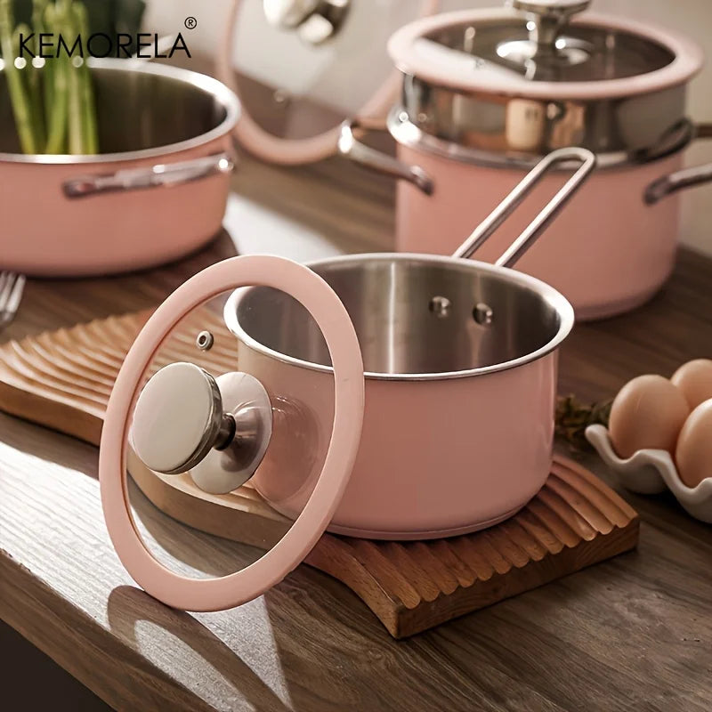 Juego de 9 piezas de utensilios de cocina rosas con revestimiento cerámico antiadherente. Sartén y cacerola aptas para inducción. Compatible con todo tipo de cocinas.