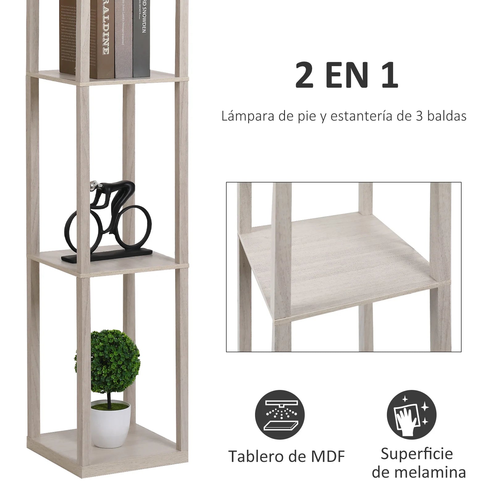 Lámpara de pie Homcom con 3 estantes para bombilla E27, potencia máxima 40W, color marrón.