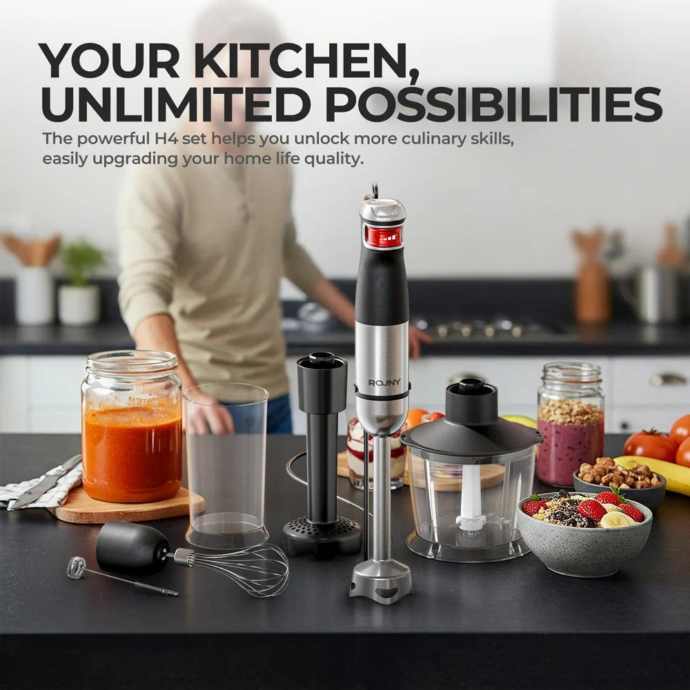 Batidora de mano eléctrica 6 en 1, batidora de inmersión multiusos, cuchillas de acero inoxidable, para el hogar y la cocina, potencia máxima de 1500 W.