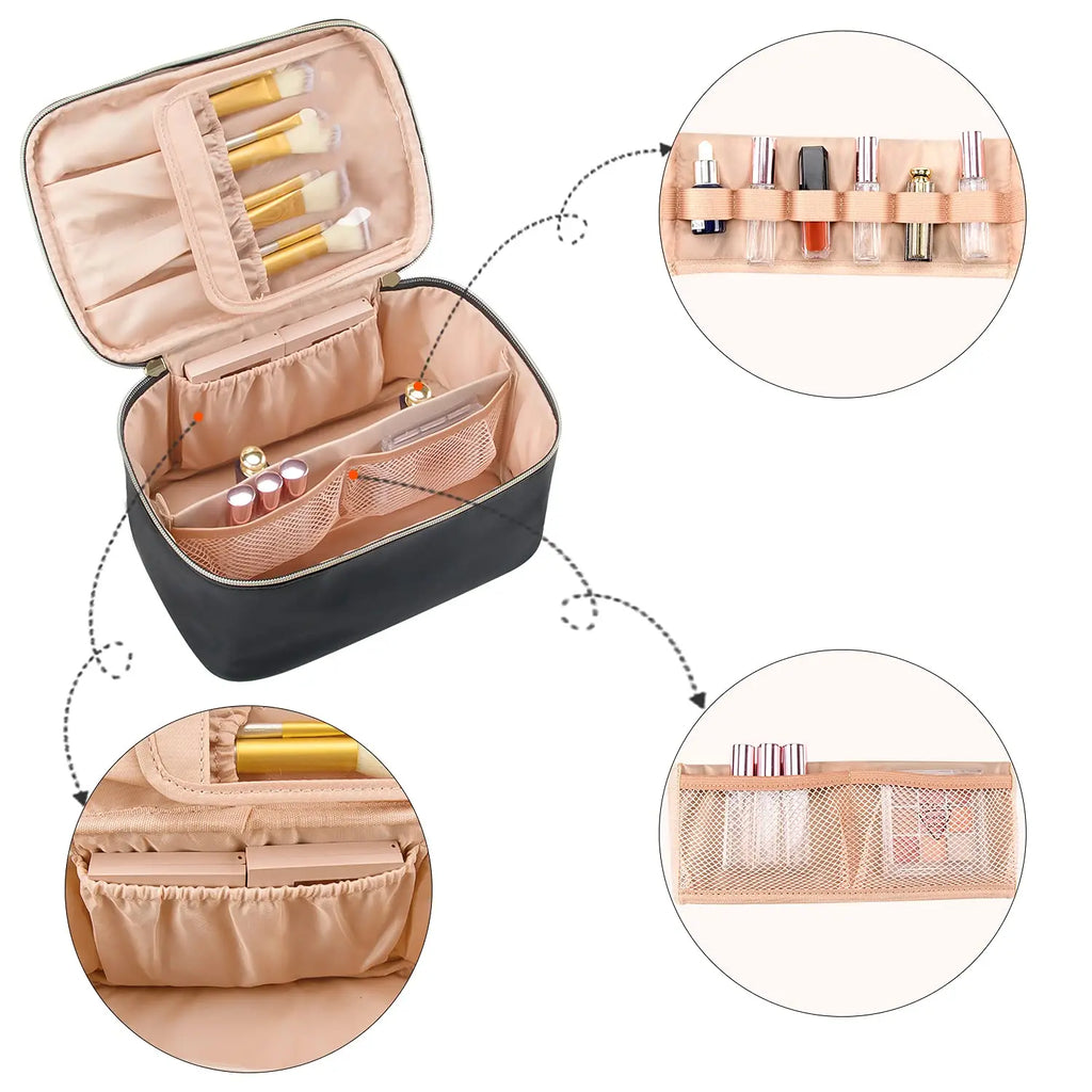 Neceser portátil de gran capacidad para maquillaje de viaje, organizador de maquillaje negro para mujeres, neceser para niñas que viajan.