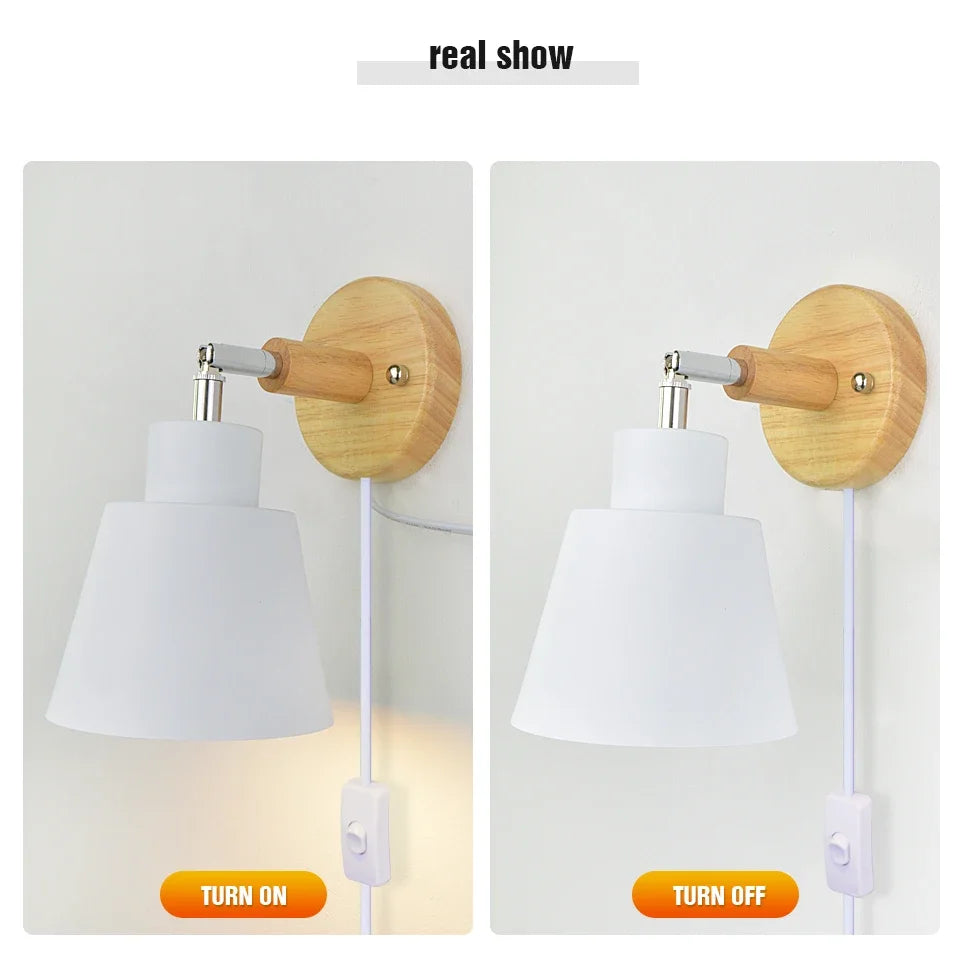 Aplique de pared nórdico para interiores, bricolaje, E27, madera, 6 colores, enchufe EU/UL, 350°, lámparas de pared para sala de estar, dormitorio, pasillo, apliques.