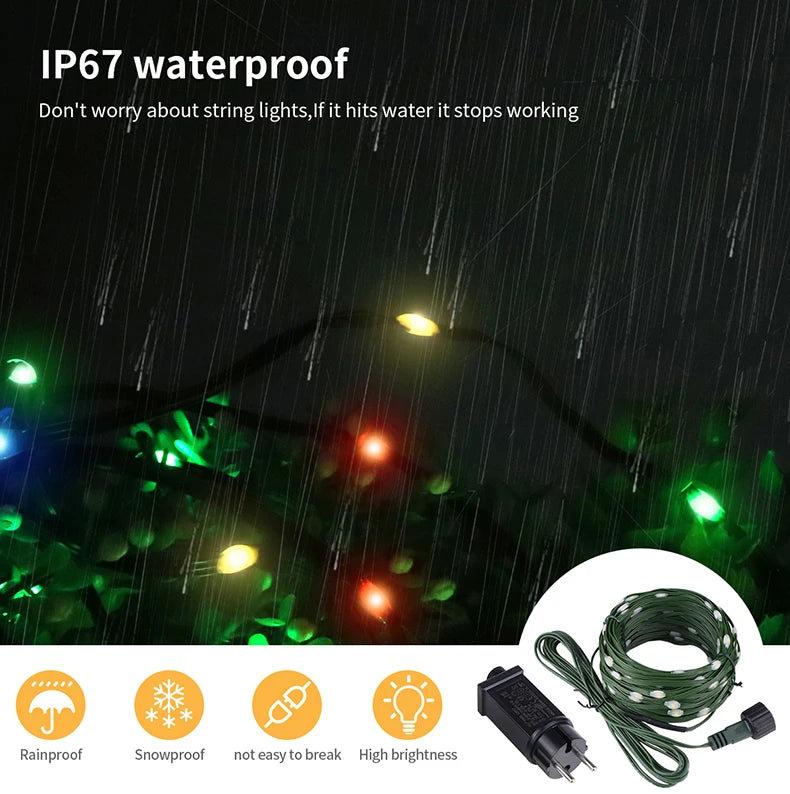 Guirnalda de luces LED de alta calidad con cable de goma, 100 m, 800 LED, 8 modos, 220 V/110 V, para exteriores, jardín, patio, césped y decoración navideña.