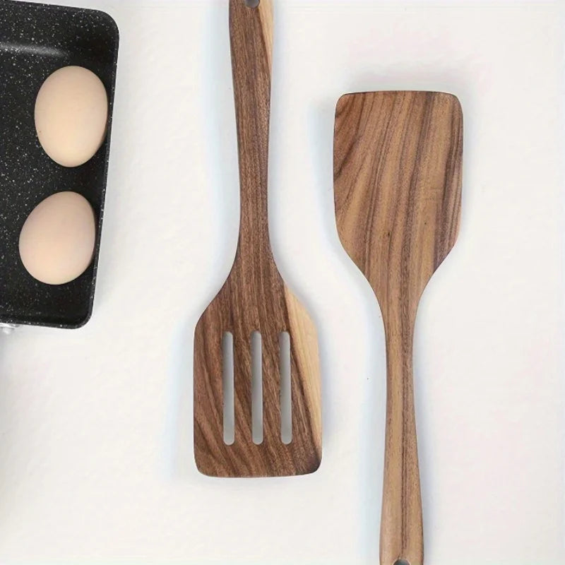 Juego de espátulas de madera - Duraderas y ergonómicas con mangos largos, utensilios de cocina multiusos que incluyen espátula ranurada.