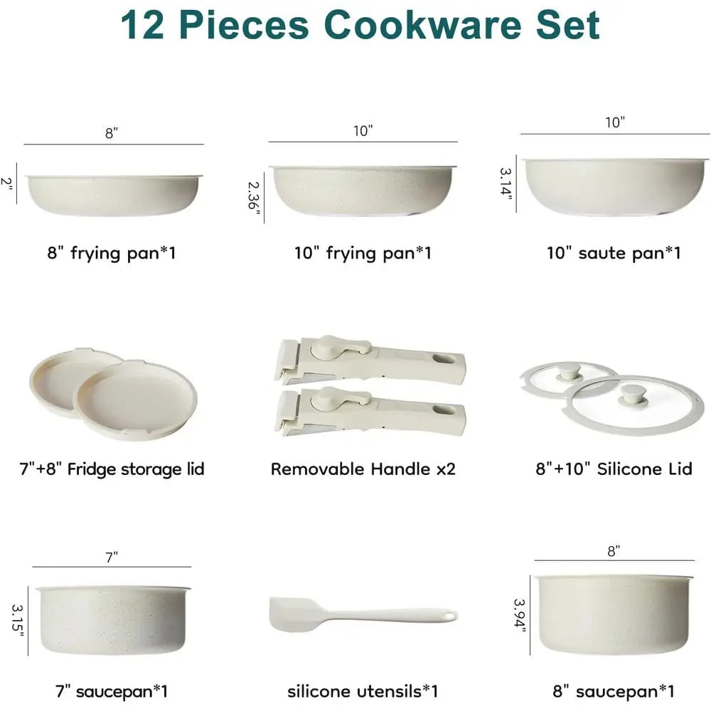 Juego de 12 piezas de utensilios de cocina antiadherentes color blanco crema con mangos desmontables, apto para inducción, lavavajillas y horno.