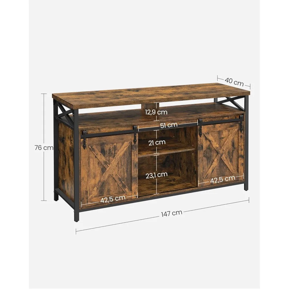 Mueble para TV de 65 pulgadas con soporte para TV con estantes ajustables, puertas corredizas estilo granja y marco.