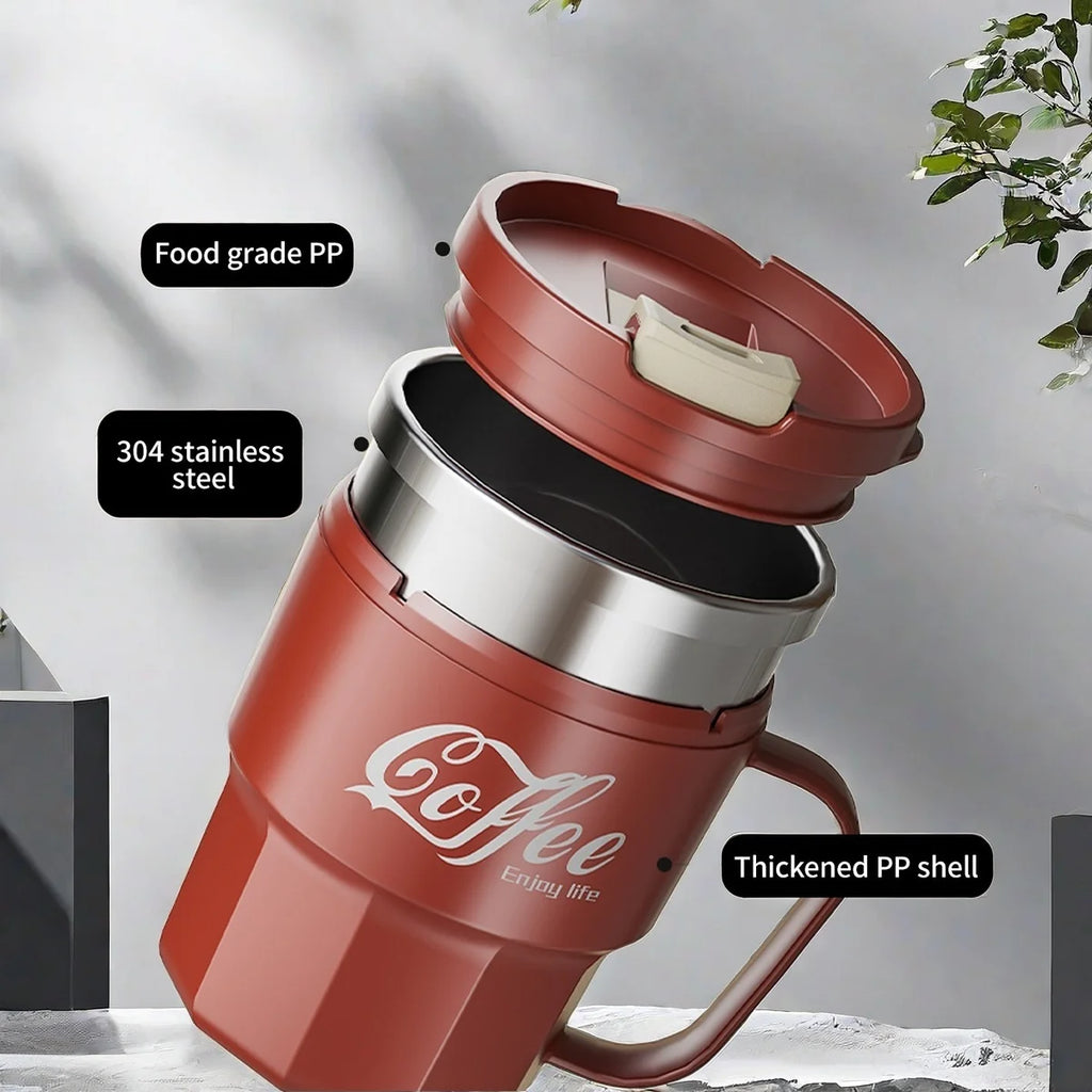 Taza de café WORTHBUY con tapa y asa, de acero inoxidable 304, para té, leche y café, con doble pared aislante y protección anti-quemaduras.