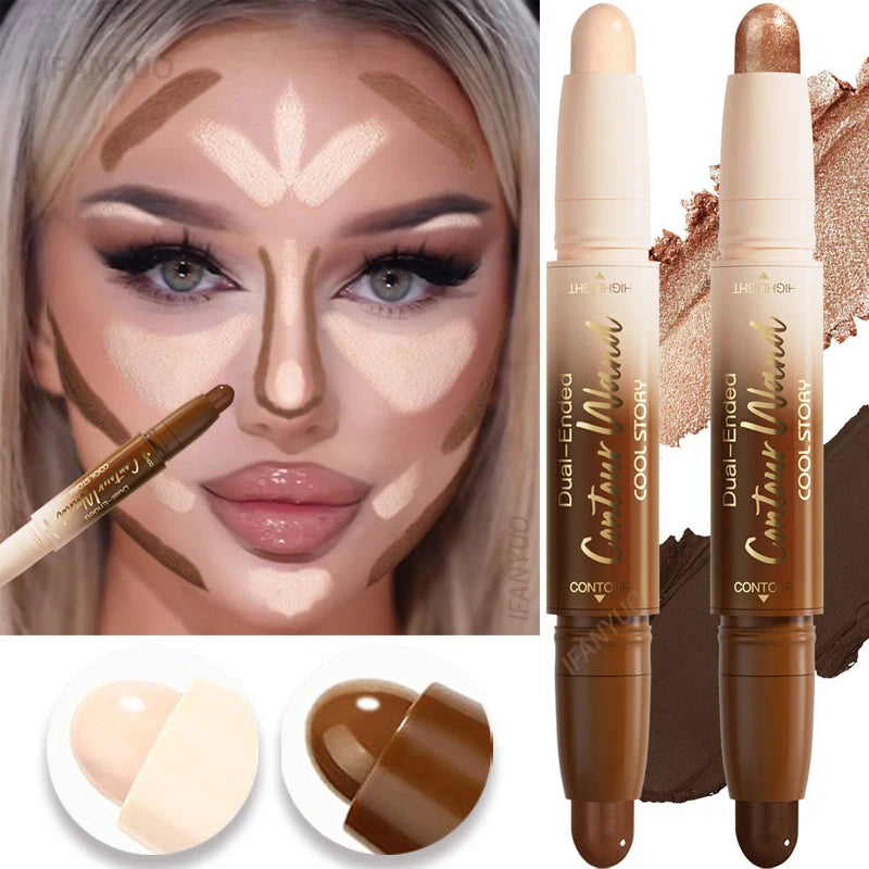 Barra de contorno de doble punta, iluminadora y sombra en crema, resistente al agua, corrector de cobertura total, acabado natural, maquillaje para todo tipo de piel.