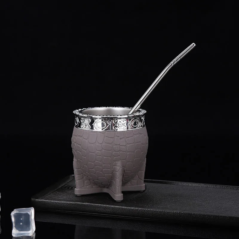 Mate de acero inoxidable de doble capa con pajita, textura de caparazón de tortuga
