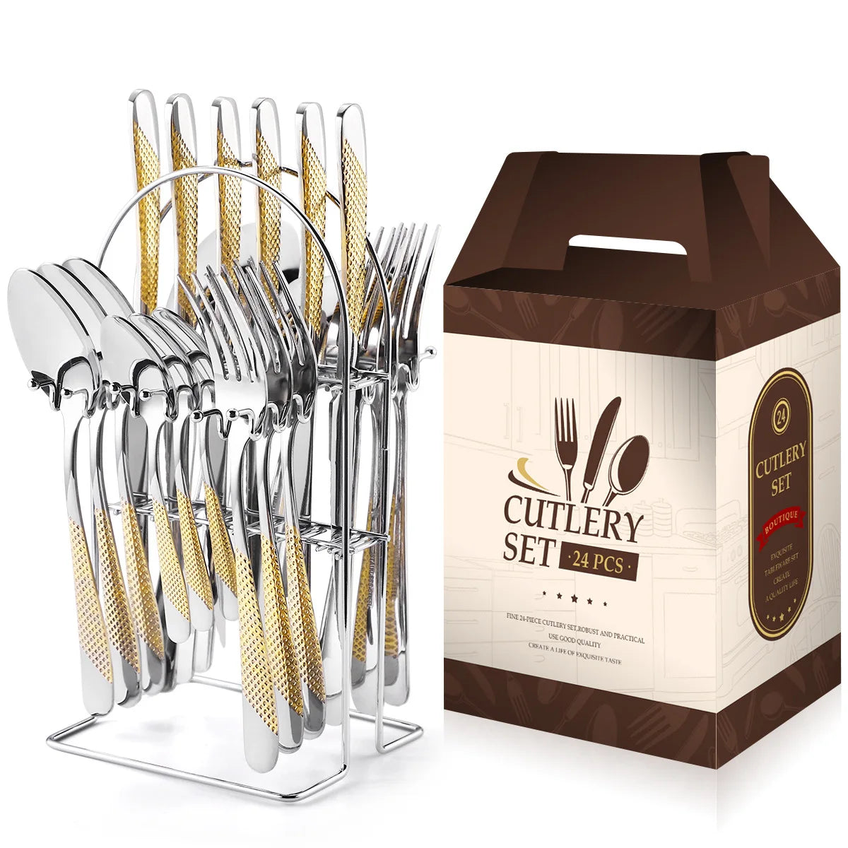 Juego de cubiertos de acero inoxidable de 24 piezas con mango de cerámica y diseño de martillo (cuchillo, tenedor y cuchara). Juego de cubiertos de viaje.