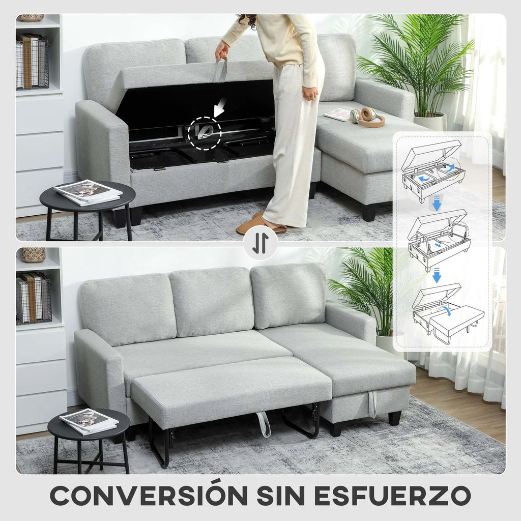 Sofá cama Homcom de 3 plazas con chaise longue reversible, con espacio de almacenamiento y fundas extraíbles, color gris.