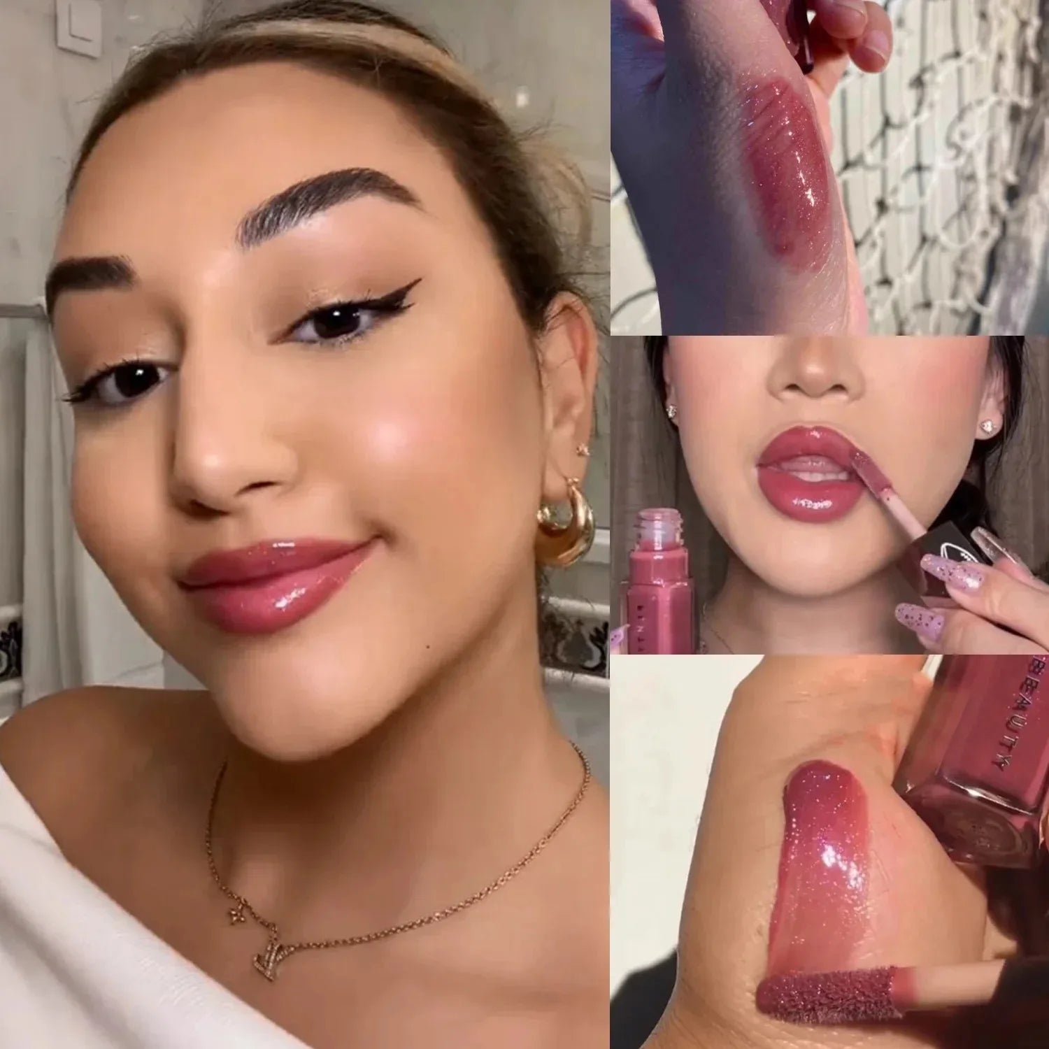 Maquillaje con barra de contorno multicolor de Fenty Beauty, corrector facial mate 3D Diamond Highlight, brillo labial a base de agua que no se desvanece.