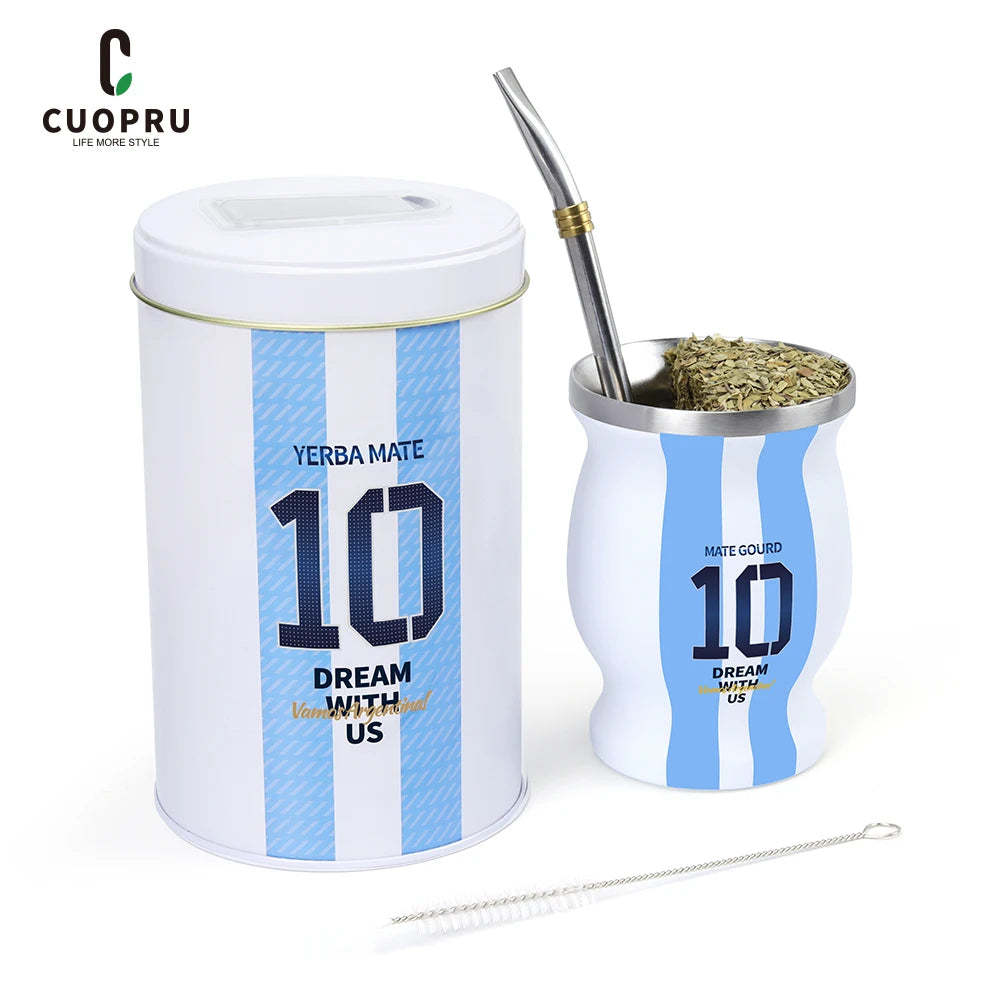 Juego de mate para capitán argentino n.° 10, con calabaza y yerbero, lata de té, bombilla (pajita) y taza de mate.