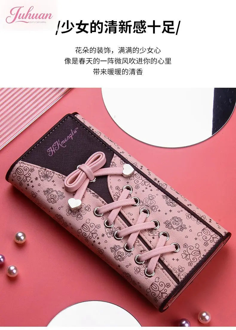 Cartera japonesa lolita para mujer, estilo casual, larga, de gran capacidad, con lazo, plegable, con tres compartimentos, linda y dulce, para tarjetas.