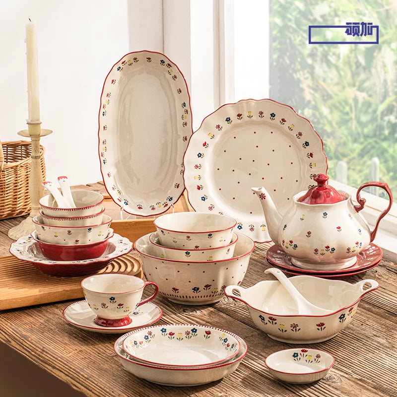 Vajilla de cerámica vintage de alta calidad: cuenco para sopa, plato para ensalada y plato para pasta. Apta para microondas. Juego de platos y cuencos de cerámica de colores.