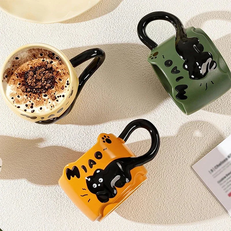 Taza apilable con diseño de gato, taza de café o té con un lindo diseño de dibujos animados, apilable, creativa, adorable, de cerámica, regalo divertido para uso doméstico diario.