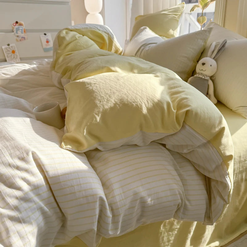 Juego de funda nórdica de algodón lavado, juego de edredón estilo nórdico minimalista, juego de cama gris a rayas, juego de ropa de cama textil para el hogar, sábanas 2025