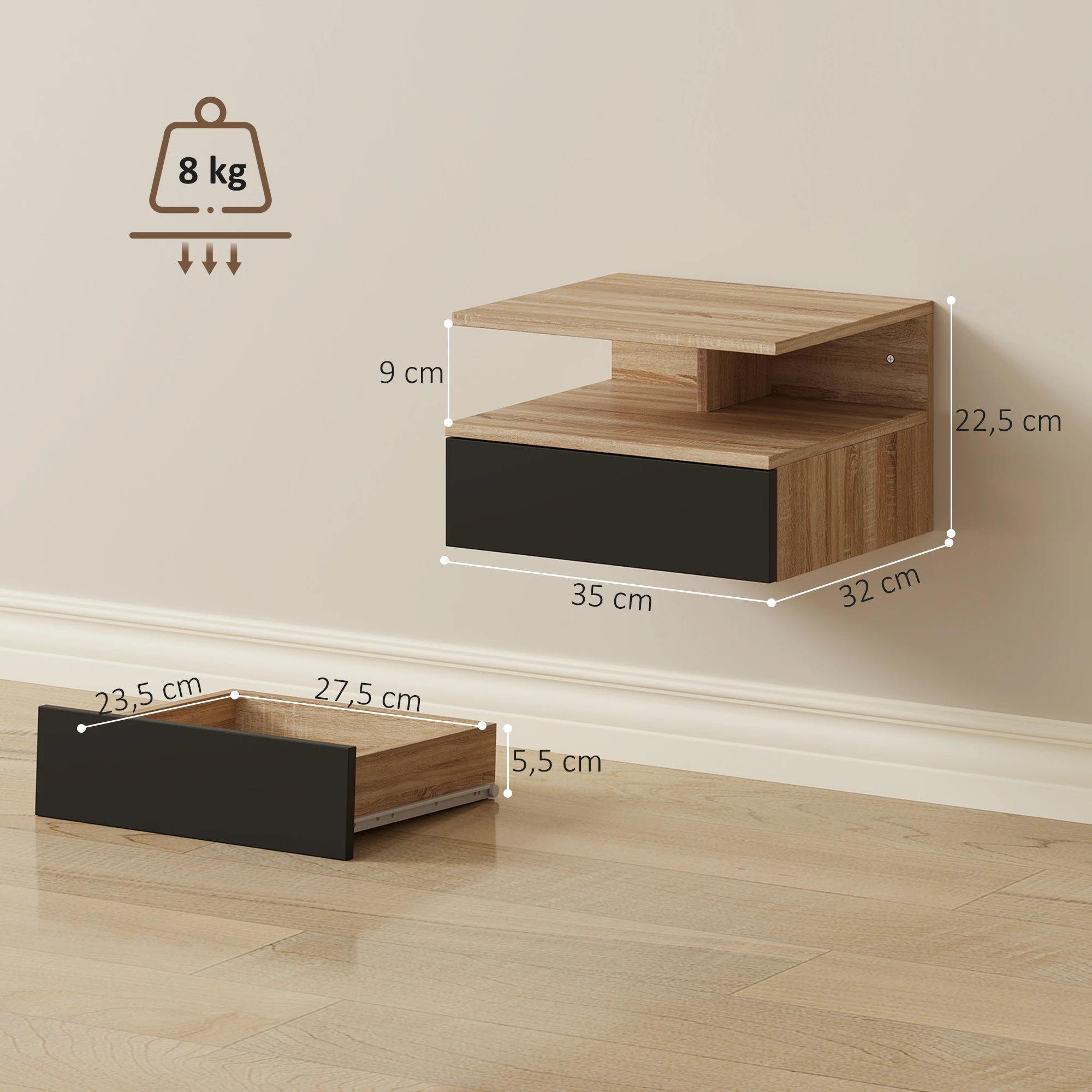 Juego de 2 mesitas de noche flotantes con cajón de Homcom, mesitas de noche para dormitorio, montaje en pared, estilo moderno.