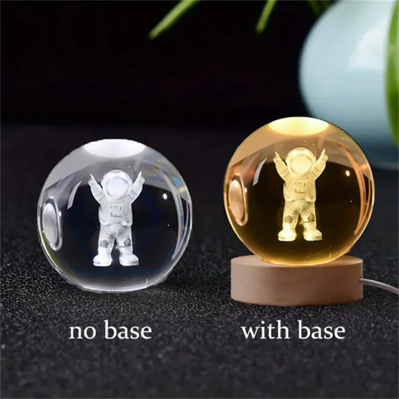 1 Pc Bola de Cristal de 6 cm Lámpara Nocturna Planeta Grabado con Láser Regalo de Cumpleaños Esfera de Vidrio Decoración de Escritorio para el Hogar con Base de Madera y USB