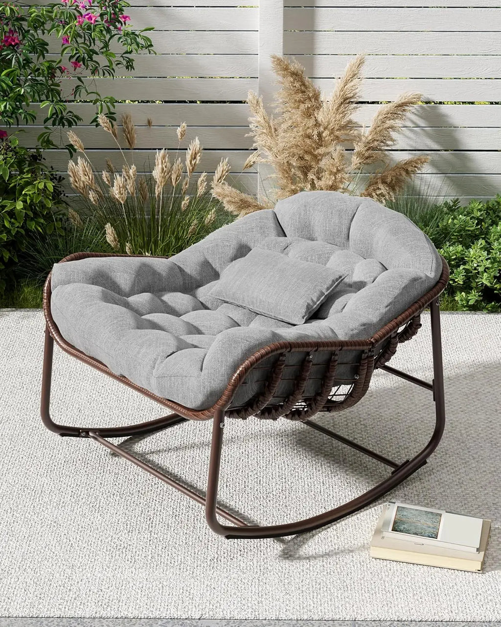 Silla mecedora Papasan para exteriores, sillón reclinable de mimbre extragrande con cojín y estructura metálica, mecedora de ratán para patio y balcón.