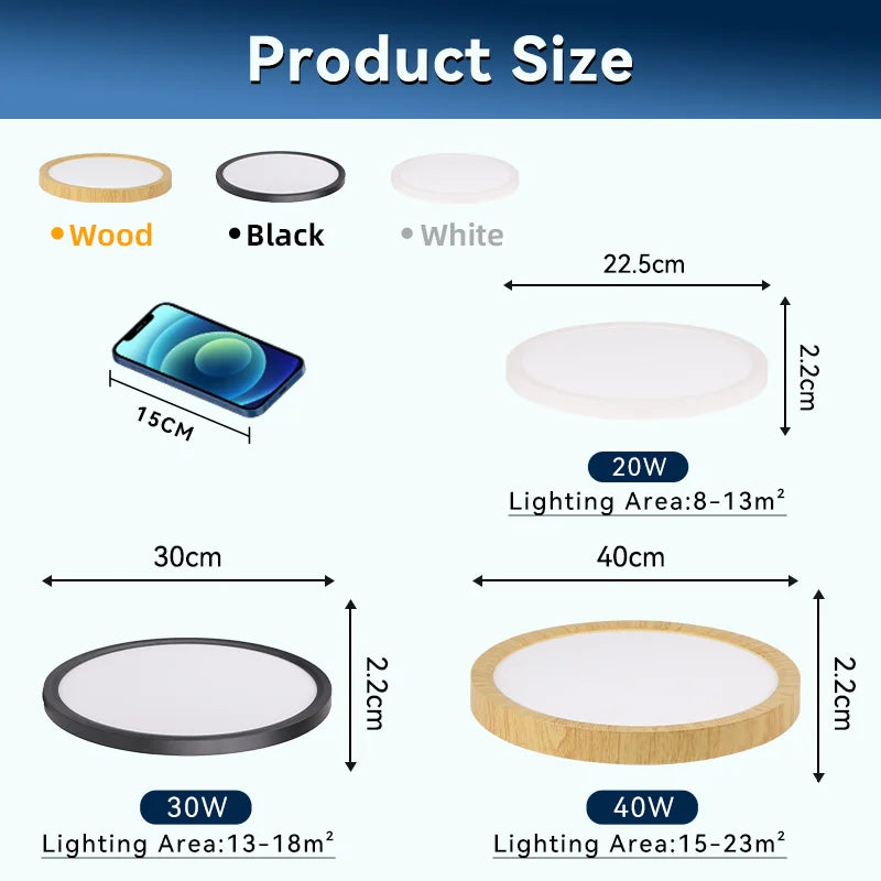 Lámpara de techo LED ultrafina de 2,2 cm, resistente al agua, 3 colores, con acabado de madera, para baño, dormitorio, sala de estar y hogar.