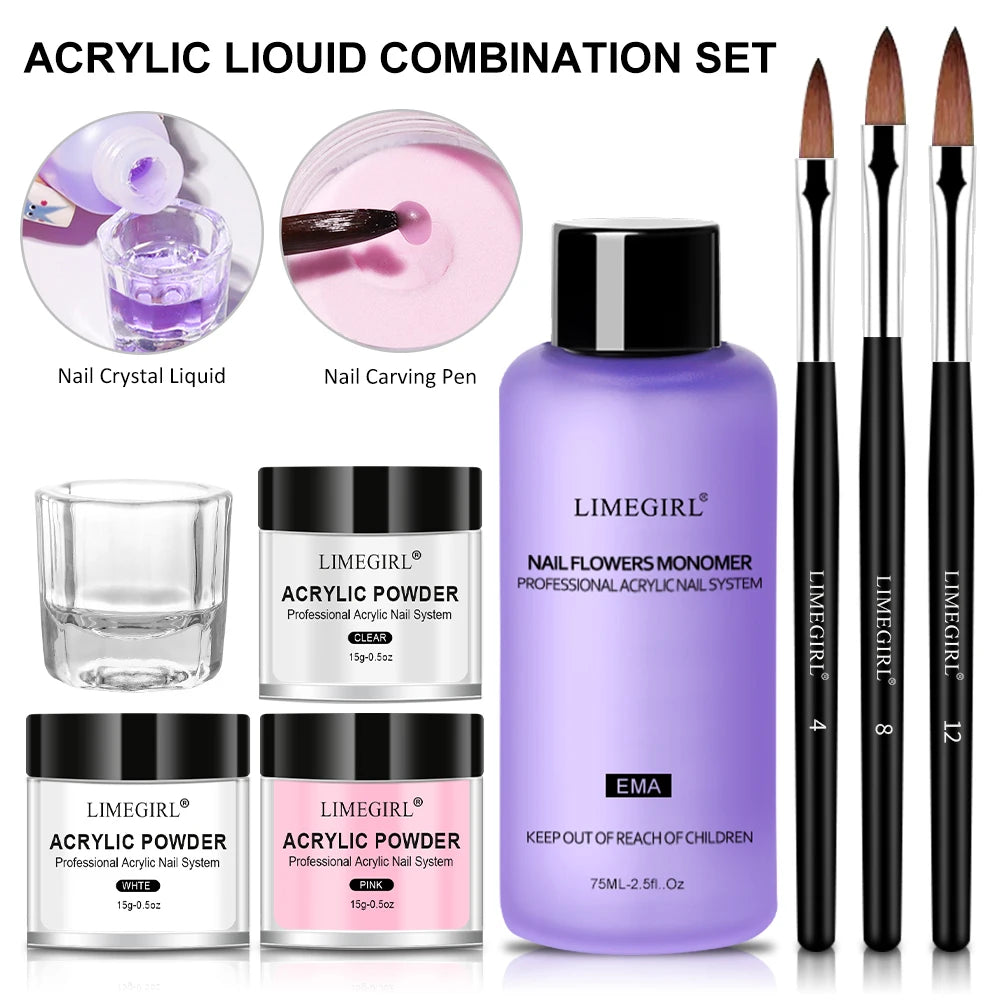 Kit de polvo acrílico y monómero líquido LIMEGIRL para uñas, kit de extensión de uñas 3D con luz LED UV y kit de polvo de cristal.