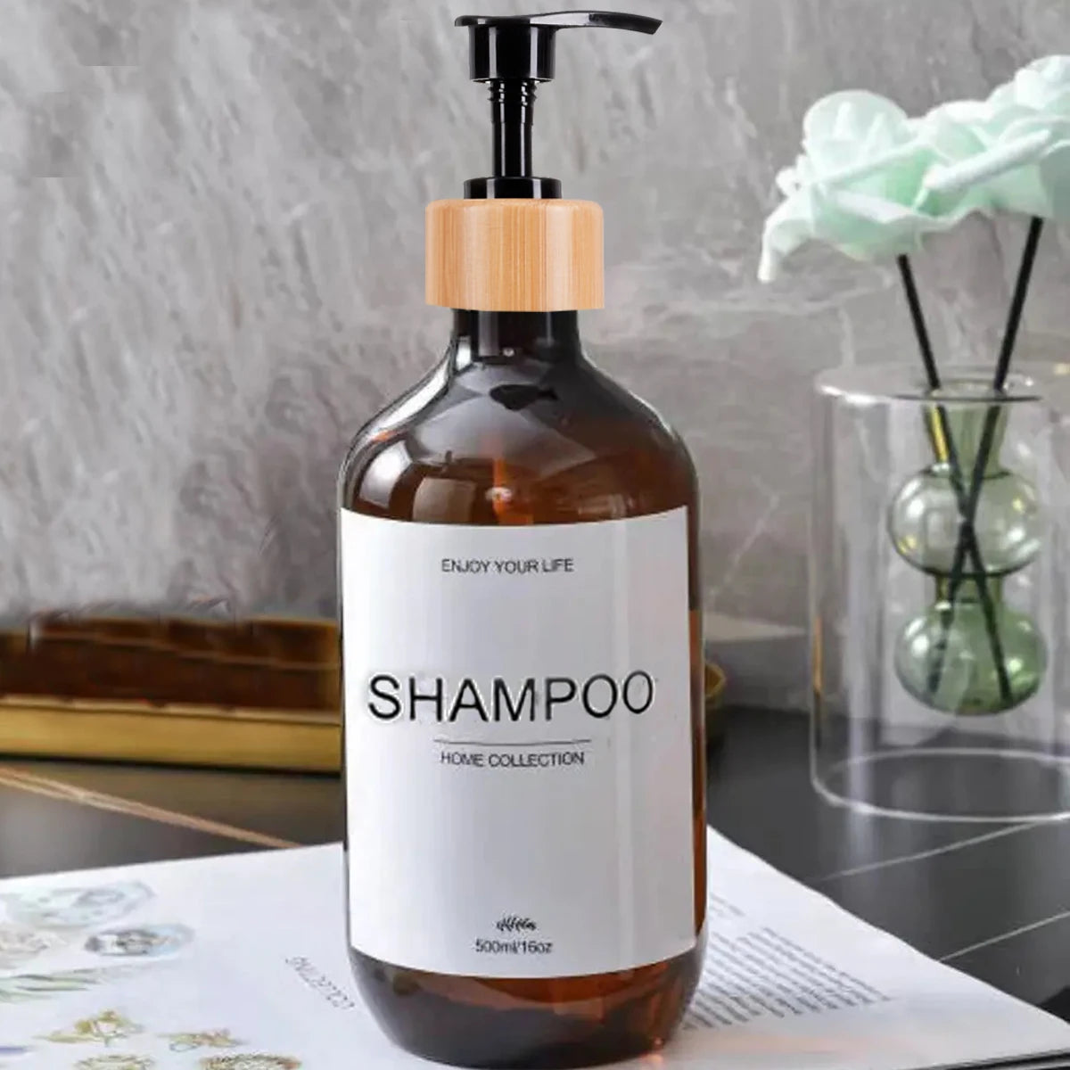 Juego de dispensadores de champú para baño de 500 ml, botellas de acondicionador y gel de ducha recargables, dispensador con decoración rústica, botellas de almacenamiento.