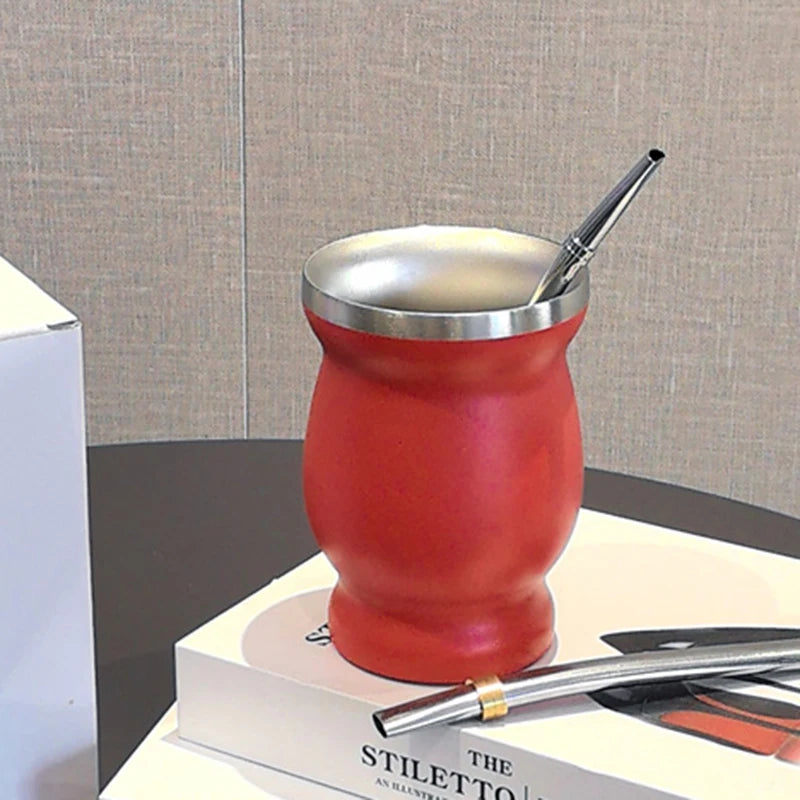Mate de acero inoxidable 304 de doble pared de 237 ml (8 oz) con pajita, cuchara y cepillo de limpieza.