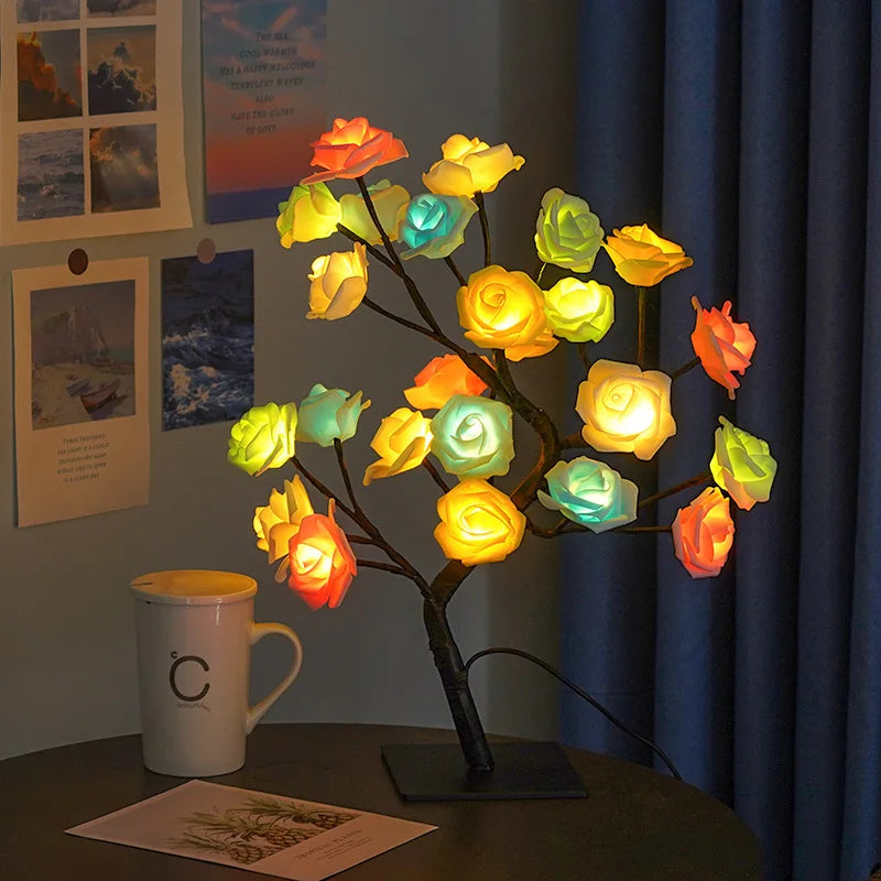 Lámpara de mesa con 24 luces LED de rosas rojas en forma de árbol, luz nocturna de hadas con forma de flor para decoración del hogar, fiestas, Navidad, bodas y dormitorios. Regalo ideal.