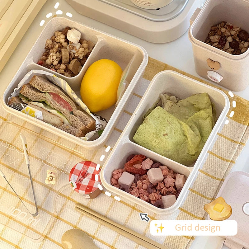 Caja de almuerzo de 1100ML para niños, escuela, adultos, oficina, de paja de trigo, apta para microondas, picnic, almacenamiento, portátil, gran caja bento con cuchara y palillos