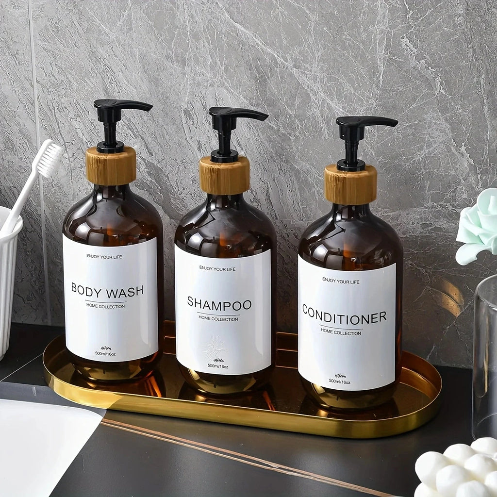 Juego de dispensadores de champú para baño de 500 ml, botellas de acondicionador y gel de ducha recargables, dispensador con decoración rústica, botellas de almacenamiento.