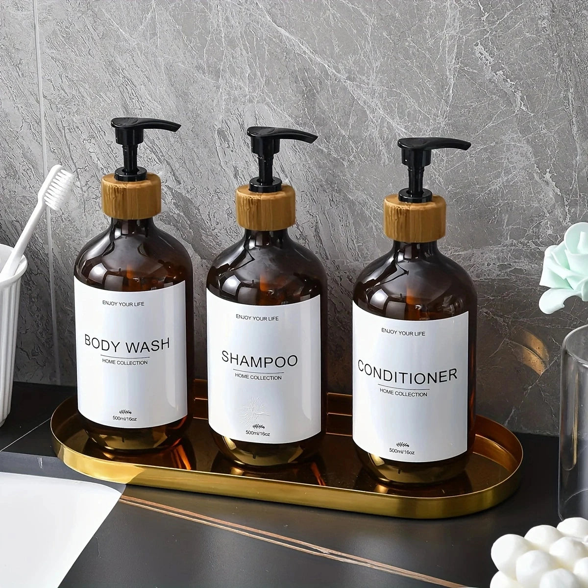 Juego de dispensadores de champú para baño de 500 ml, botellas de acondicionador y gel de ducha recargables, dispensador con decoración rústica, botellas de almacenamiento.