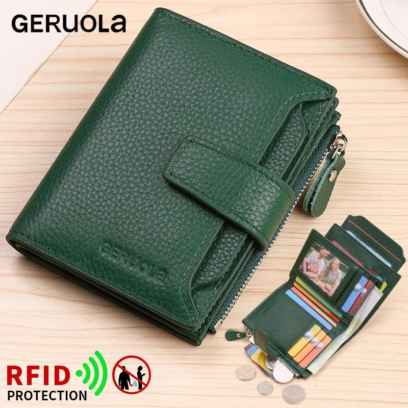 Cartera multifuncional antirrobo RFID de tres pliegues y múltiples pliegues de cuero genuino de vaca con cierre magnético y cierre antimanipulación.