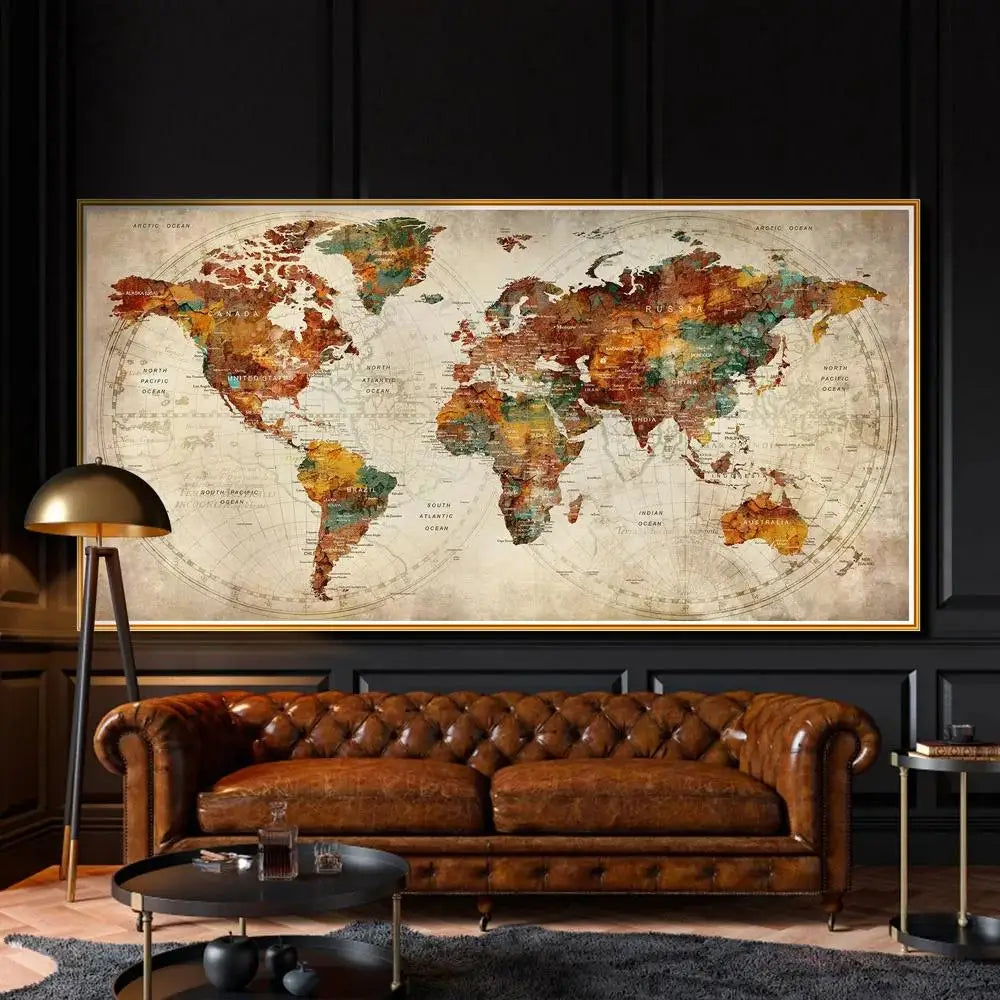 Arte en lienzo de mapa mundial moderno Póster decorativo para paredes de sala y dormitorio