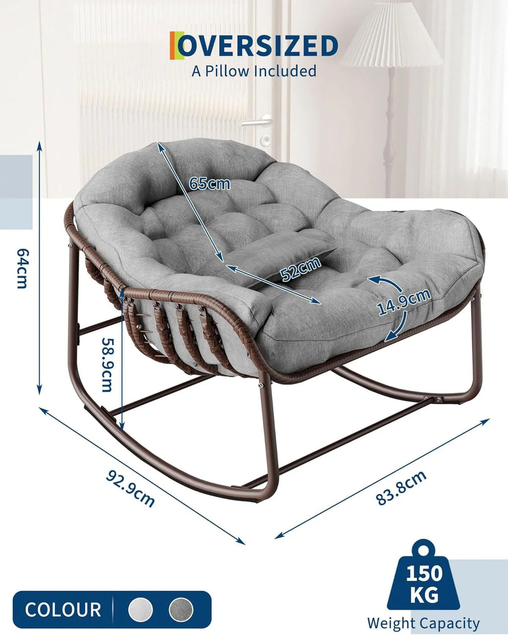 Silla mecedora Papasan para exteriores, sillón reclinable de mimbre extragrande con cojín y estructura metálica, mecedora de ratán para patio y balcón.