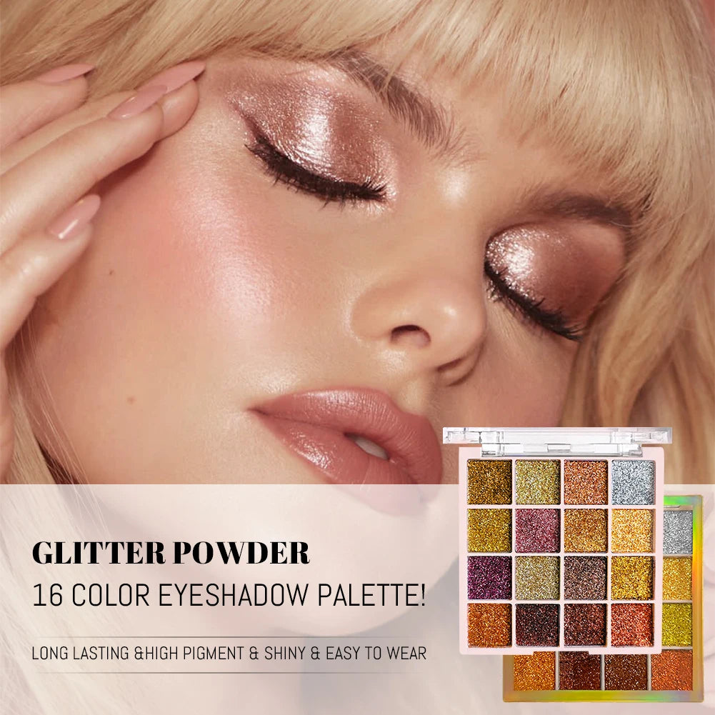 Paleta de sombras de ojos con brillo de 16 colores, efecto iridiscente multicolor dorado, acabado brillante con lentejuelas, maquillaje para cuerpo y rostro, ideal para fiestas y eventos.