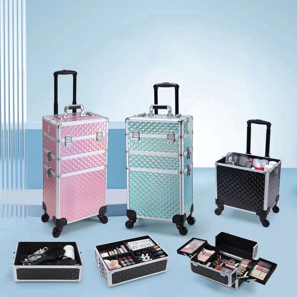 Maletín de maquillaje rodante 3 en 1, maletín de maquillaje desmontable, maletín de cosmetología con ruedas, carrito de maquillaje con cerradura de gran capacidad para salón de belleza.