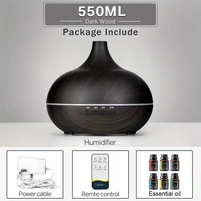 Difusor de aceites esenciales para aromaterapia con acabado de madera, control remoto, humidificador de aire ultrasónico, luz LED de 7 colores.