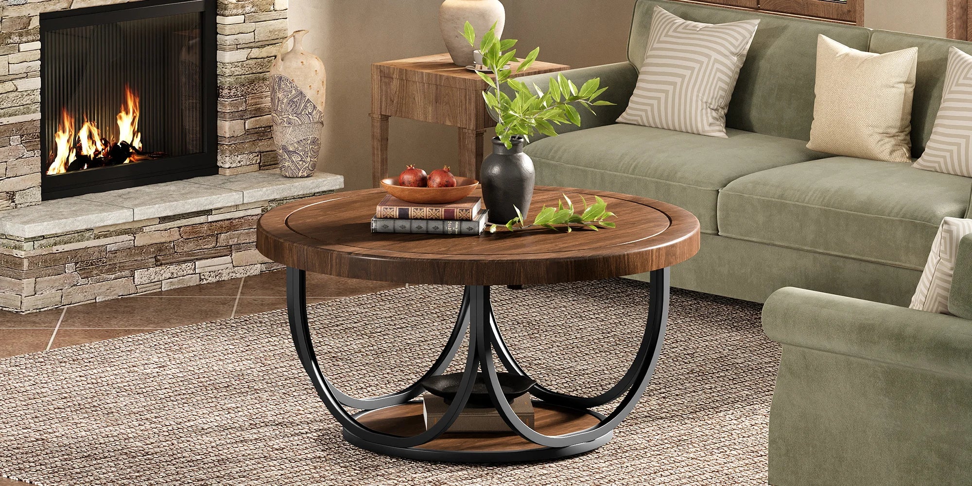 Tribesigns Round Coffee Table with 2 Tiers, 80 cm Wooden Circle Accent Cocktail Table with Storage Shelf and Metal Frame