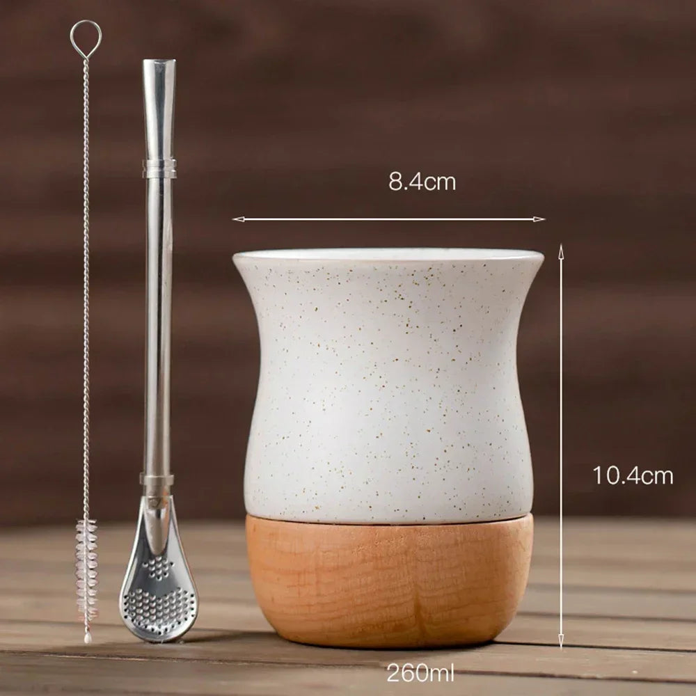 Mate   de acero inoxidable y cerámica con pajita 260 ml, cuchara y base de madera para leche, agua y té.