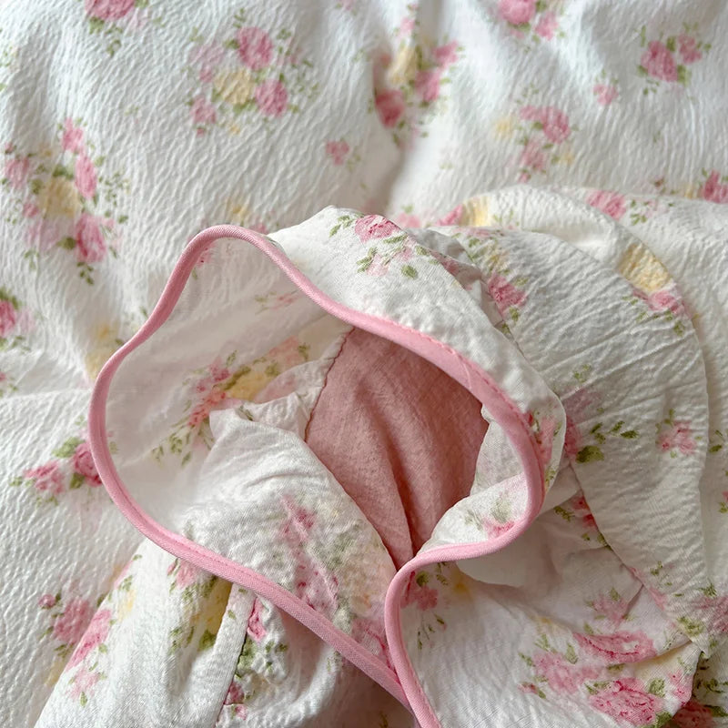 Juego de Ropa de Cama Ruffles Estilo Floral Funda de Edredón Funda de Almohada con Sábana Juego de Ropa de Cama Amigable con la Piel Ropa de Cama para Habitación de Niñas