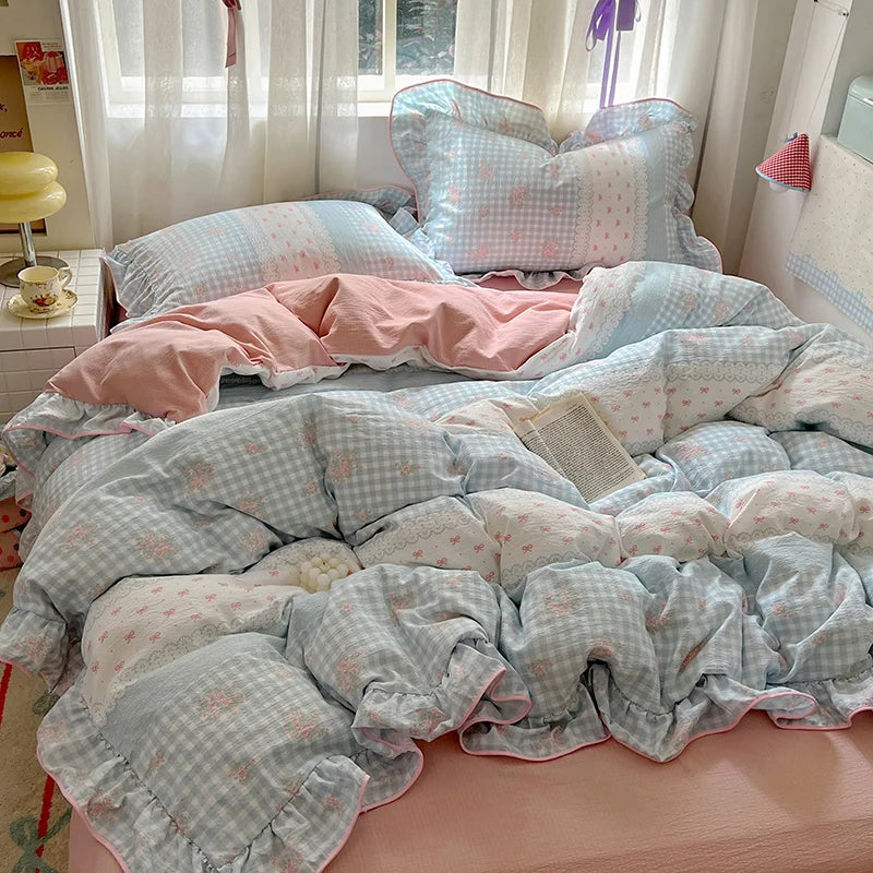 Juego de Ropa de Cama Ruffles Estilo Floral Funda de Edredón Funda de Almohada con Sábana Juego de Ropa de Cama Amigable con la Piel Ropa de Cama para Habitación de Niñas