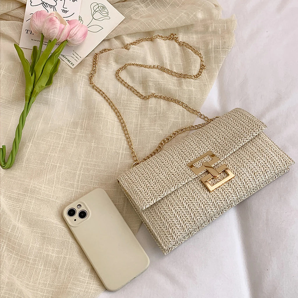 Bolso de mano de mujer tejido con hierba, cartera para móvil, bolso de estilo bohemio veraniego para la playa, cartera tejida, imprescindible para chicas de vacaciones.