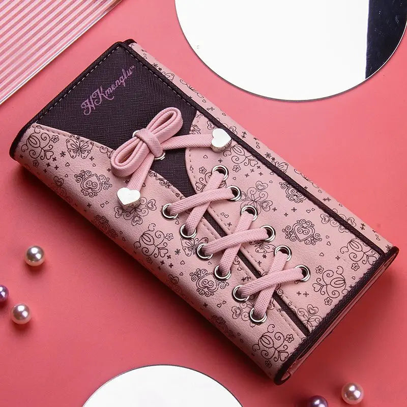 Cartera japonesa lolita para mujer, estilo casual, larga, de gran capacidad, con lazo, plegable, con tres compartimentos, linda y dulce, para tarjetas.